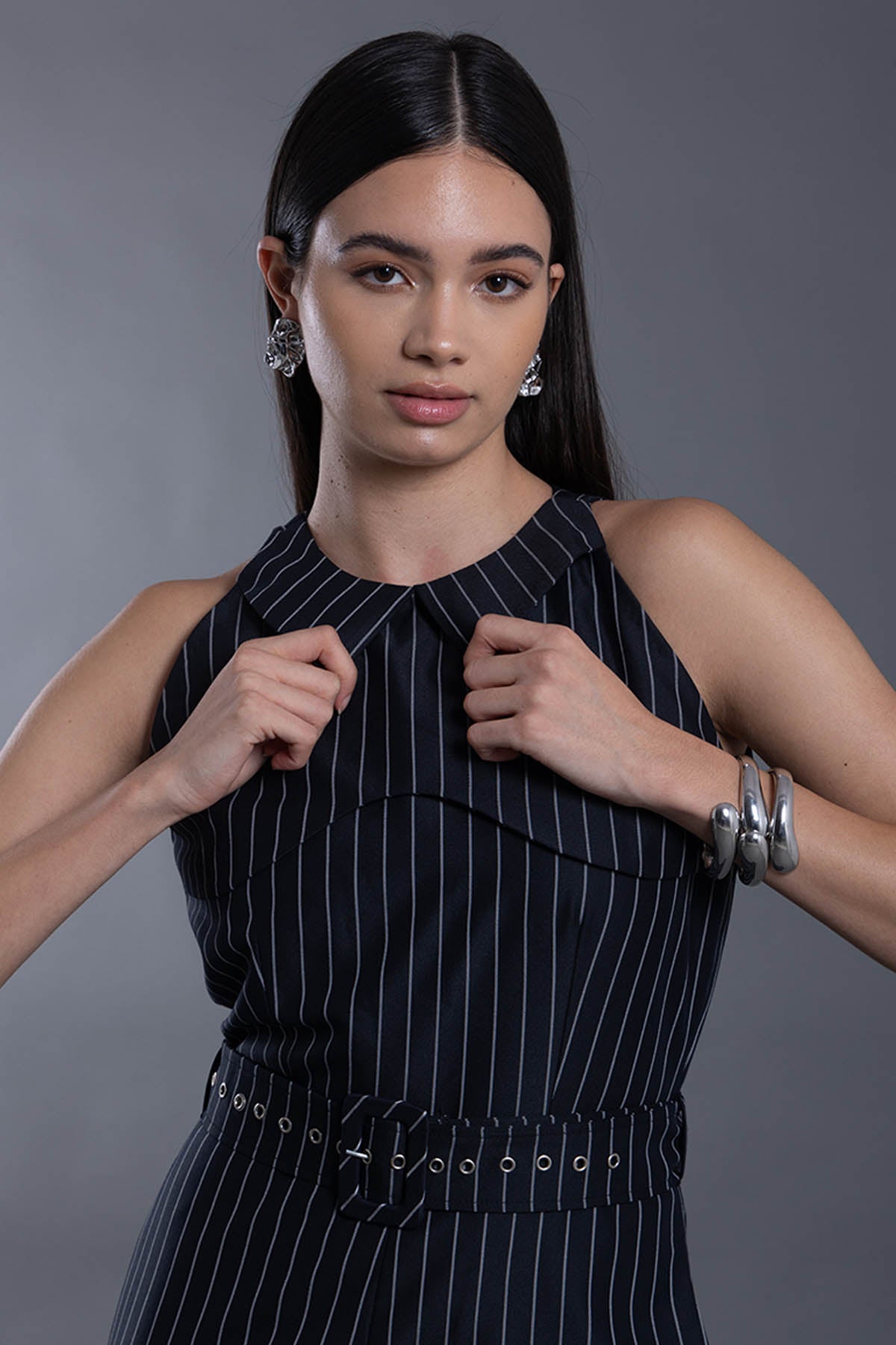 Navy Blue Stripe Belt Jumpsuit