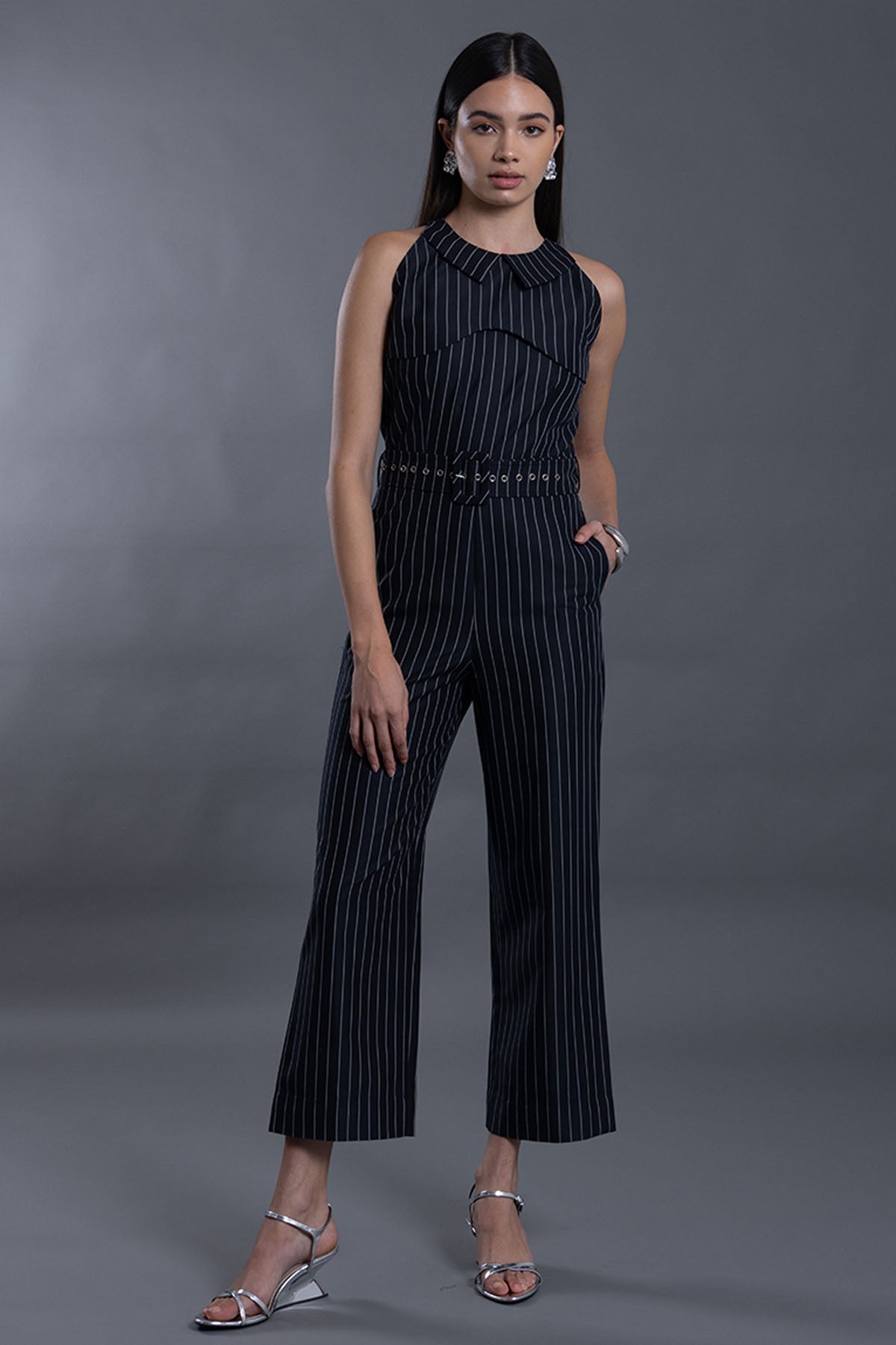 Vanten Navy Blue Stripe Belt Jumpsuit for women online at ScrollnShops