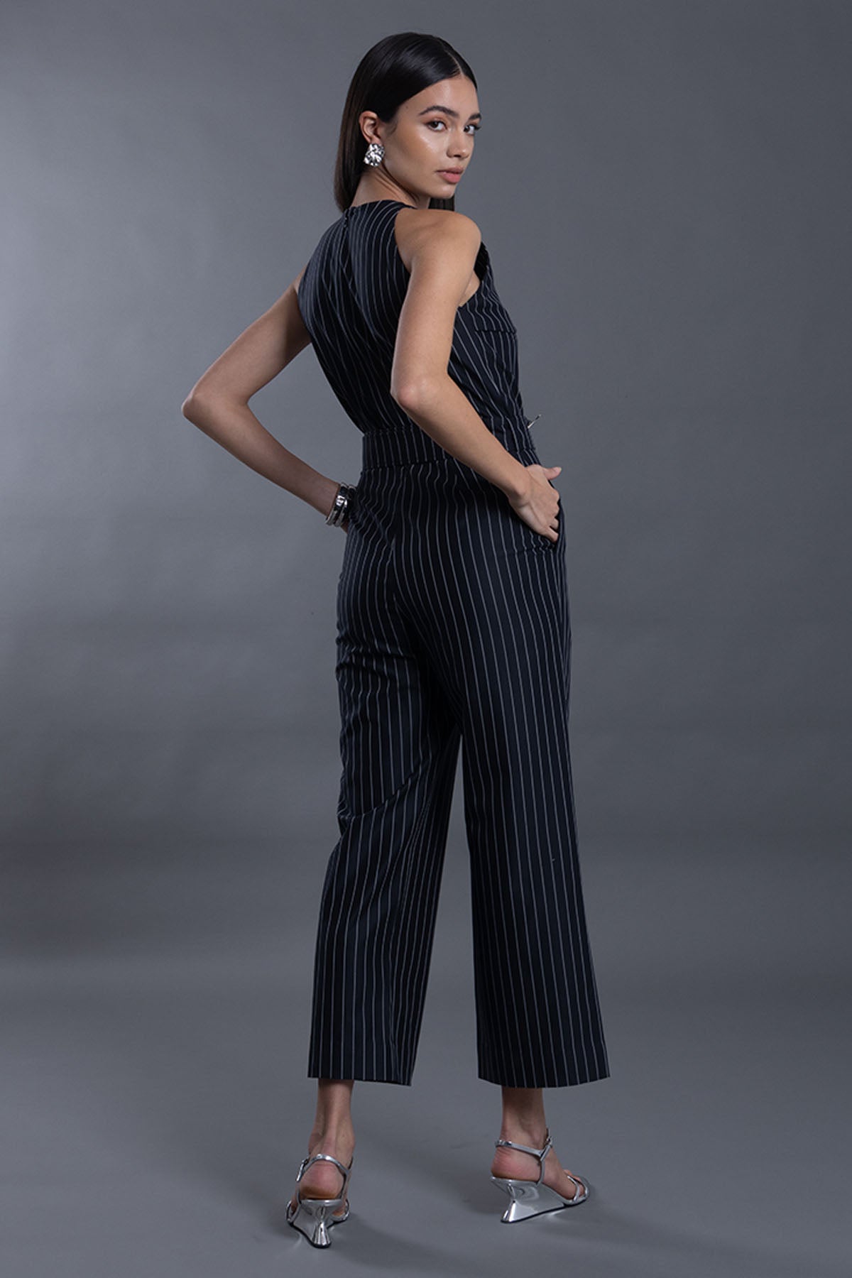 Navy Blue Stripe Belt Jumpsuit