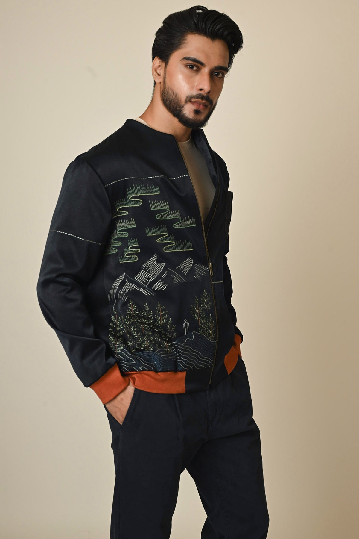 Buy Navy Blue Thread Bomber Jacket for men by Paarsh Atelier online available at scrollnshops