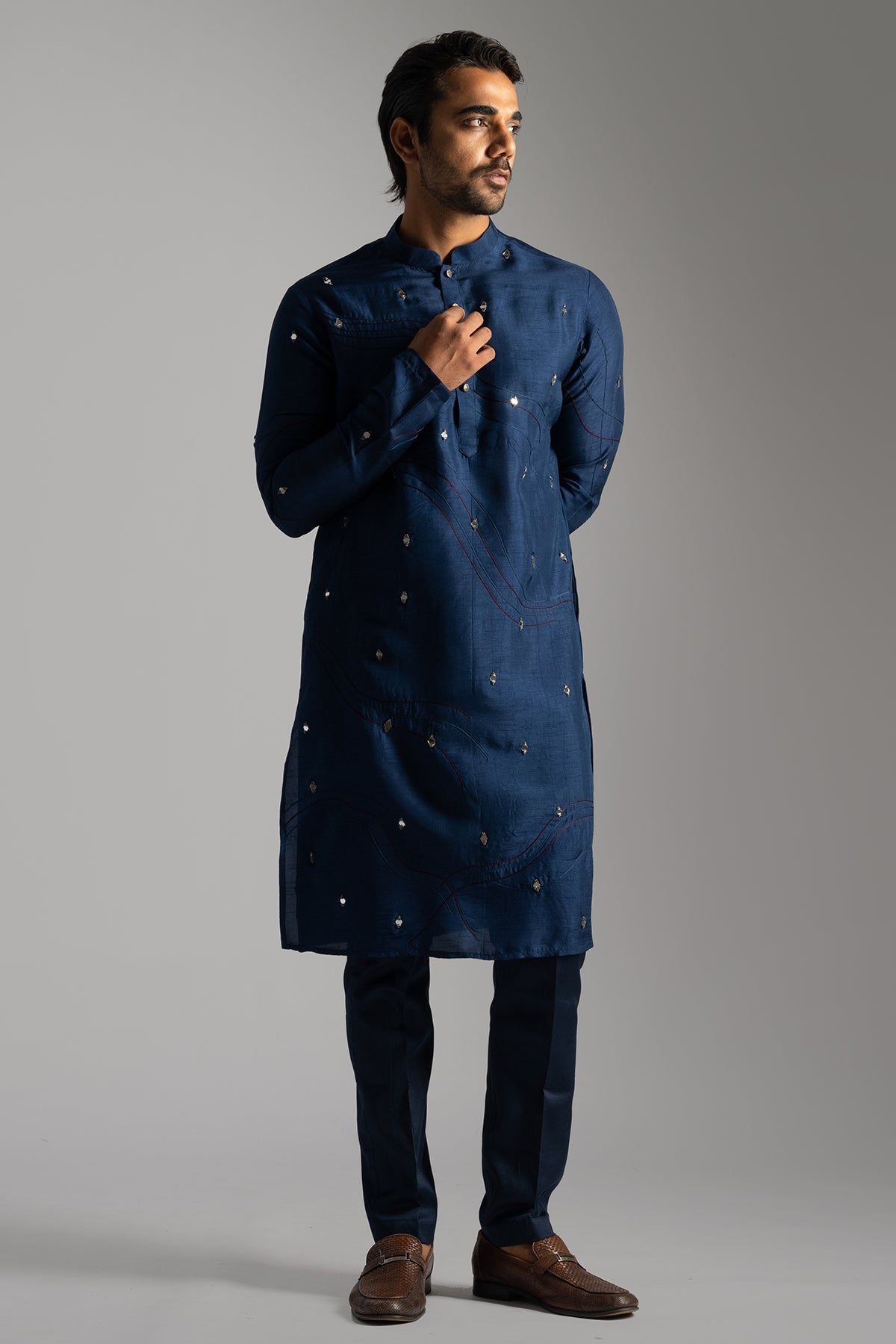 Buy Navy Blue Thread Kurta & Pants for men by Paarsh Atelier online available at scrollnshops