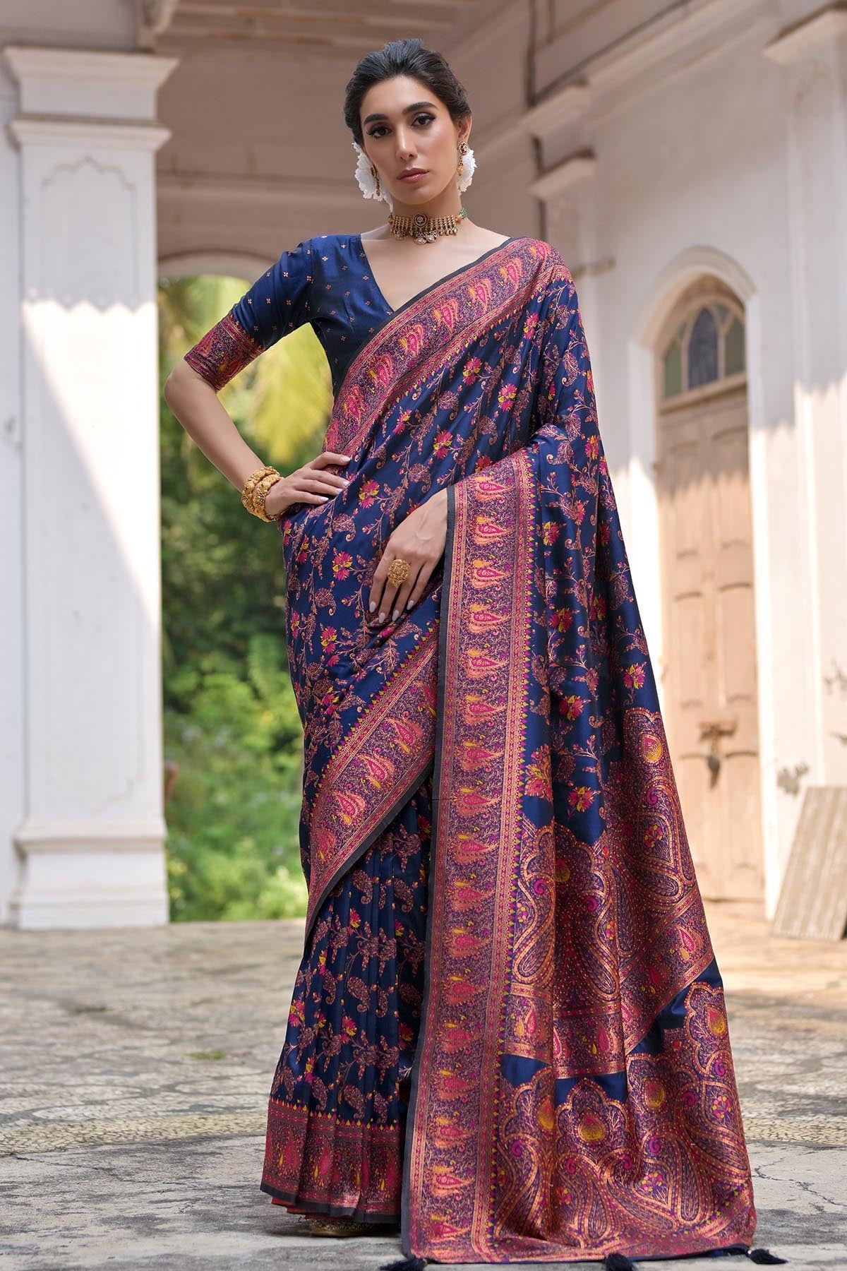 Buy Navy Blue Thread Woven Saree by Lili Lala for women online at ScrollnShops