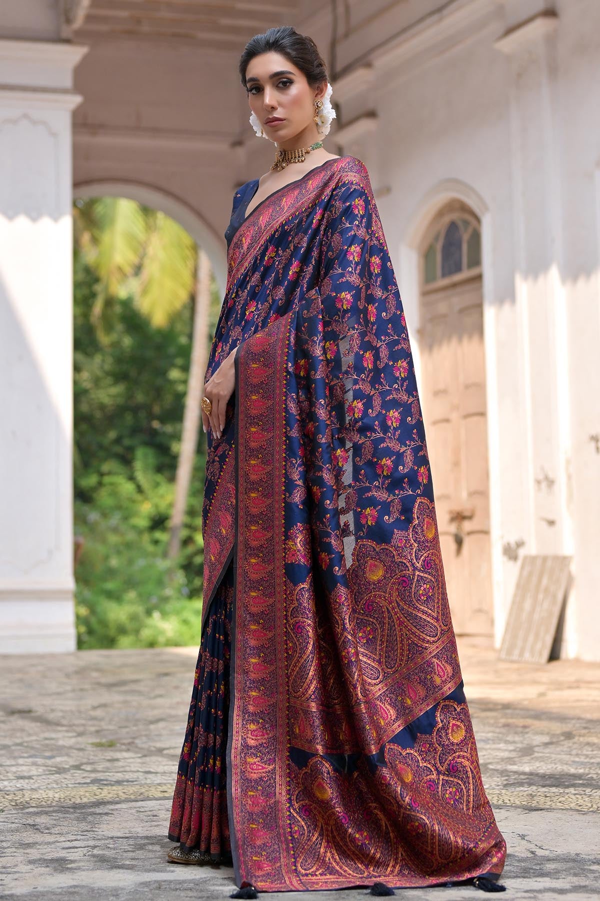 Navy Blue Thread Woven Saree