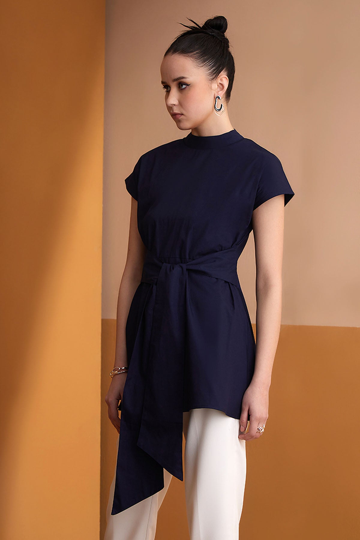 Navy Blue Tie-Up Detail Top