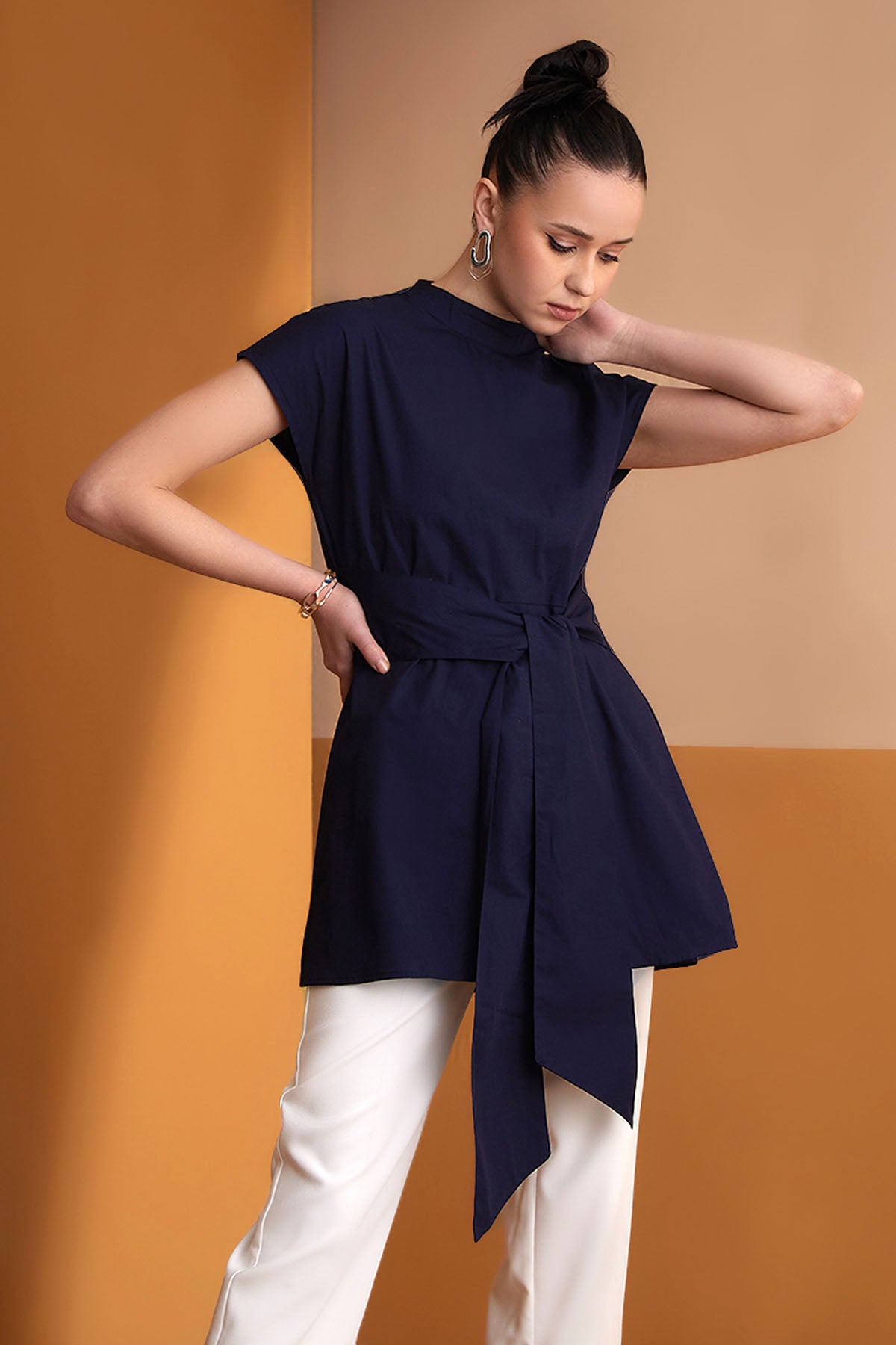 Navy Blue Tie-Up Detail Top