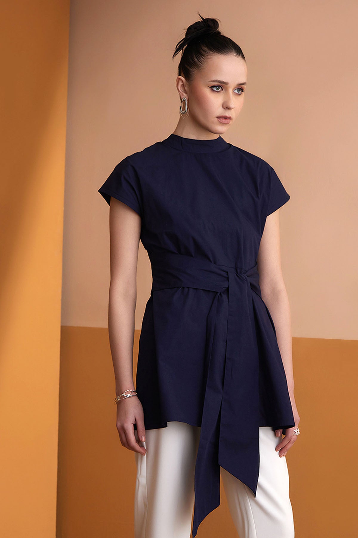 Navy Blue Tie-Up Detail Top