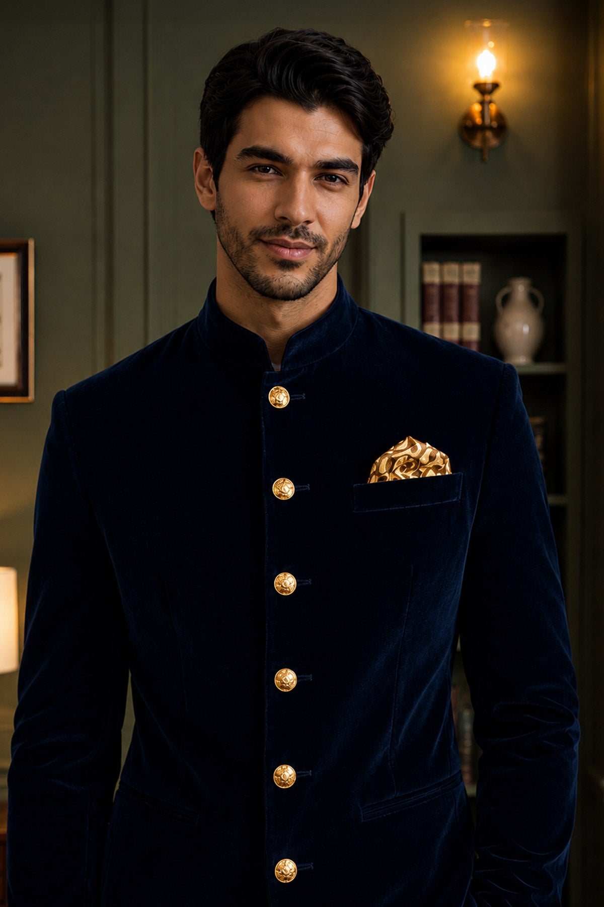 Navy Blue Velvet Jodhpuri Suit