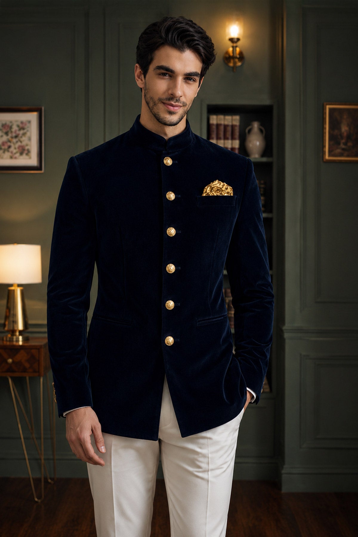 Navy Blue Velvet Jodhpuri Suit