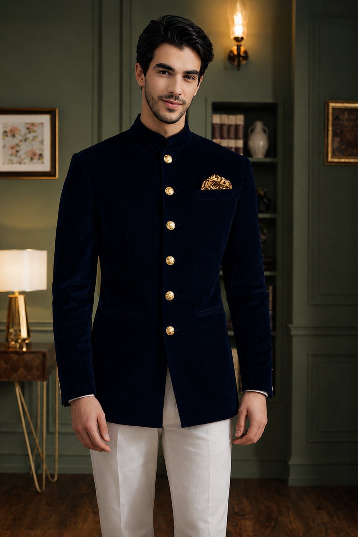 Buy Navy Blue Velvet Jodhpuri Suit for men by Aastha Fashion online available at scrollnshops