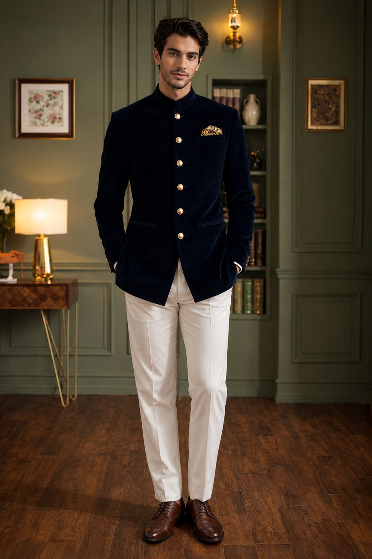 Navy Blue Velvet Jodhpuri Suit