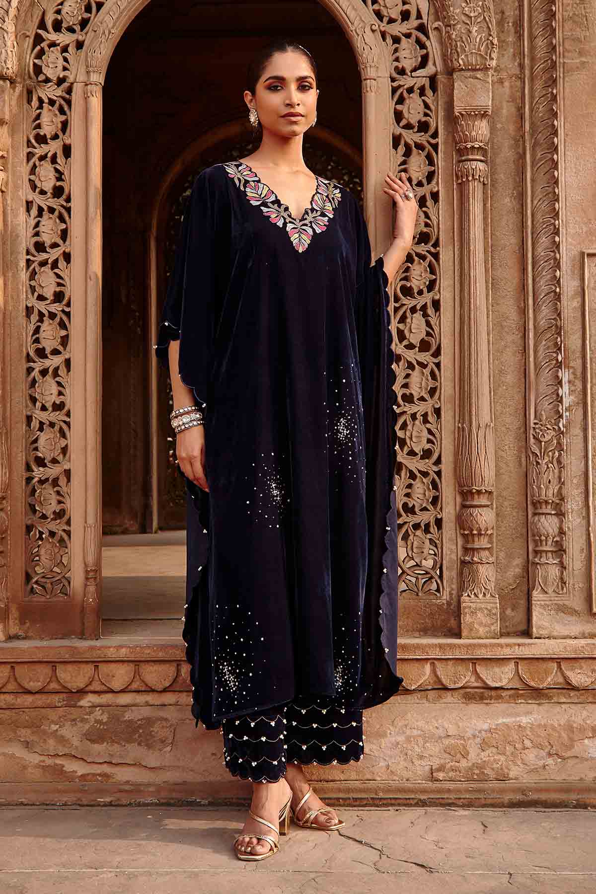 Navy Blue Velvet Kaftan & Pants