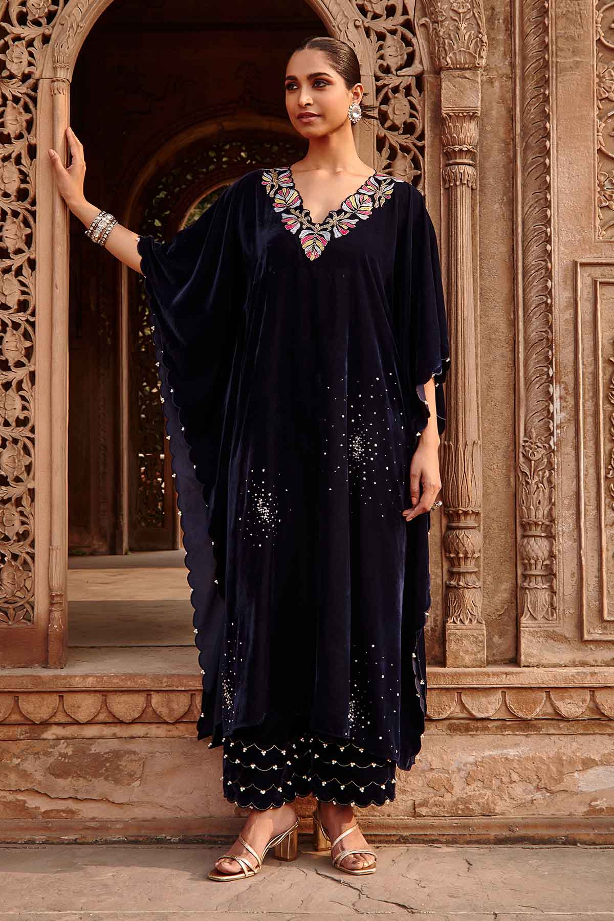 Buy Navy Blue Velvet Kaftan & Pants by Ajiesh Oberoi for women online at ScrollnShops