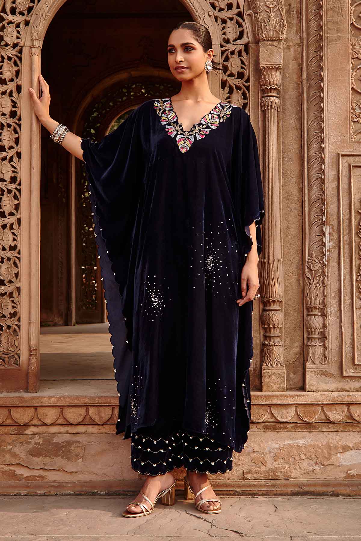 Buy Navy Blue Velvet Kaftan & Pants Online