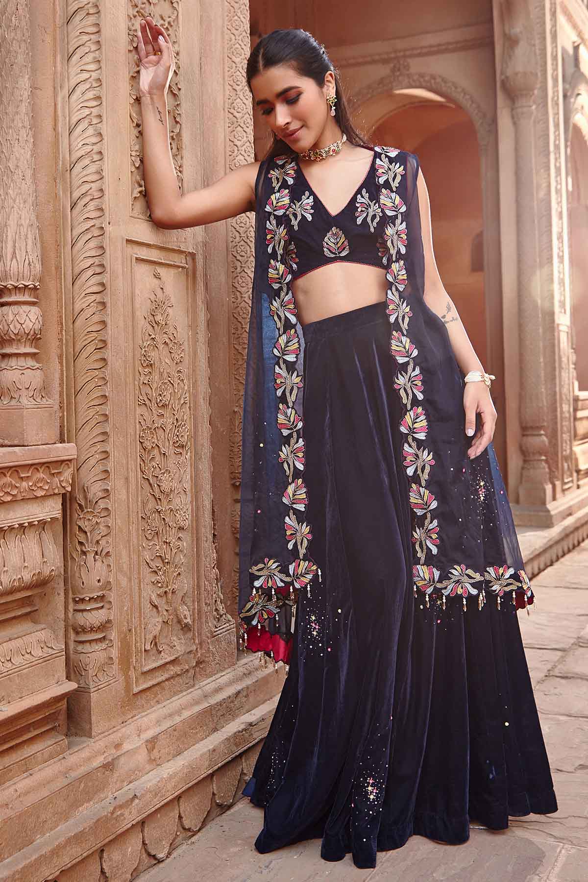 Buy Navy Blue Velvet Sharara Set Online