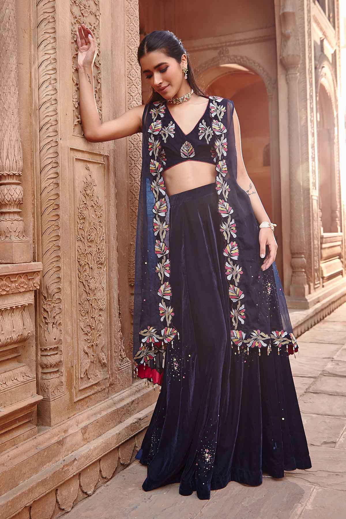 Navy Blue Velvet Sharara Set