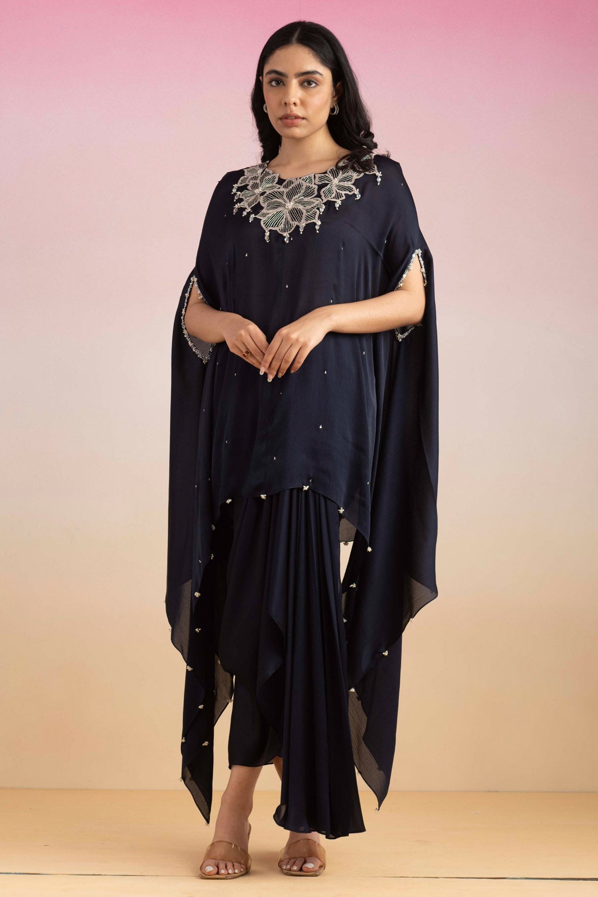 Buy Navy Blue Zardosi Kaftan Set Online