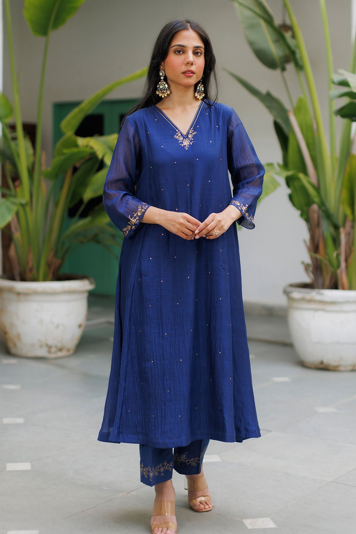 Navy Blue Zari Detail Kurta Set