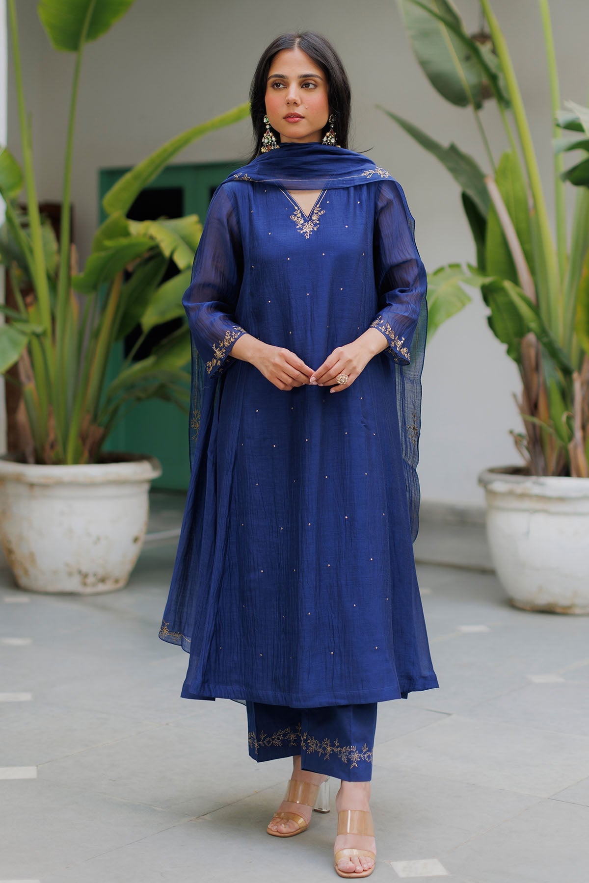 Buy Navy Blue Zari Detail Kurta Set by Silpaa for women online at ScrollnShops