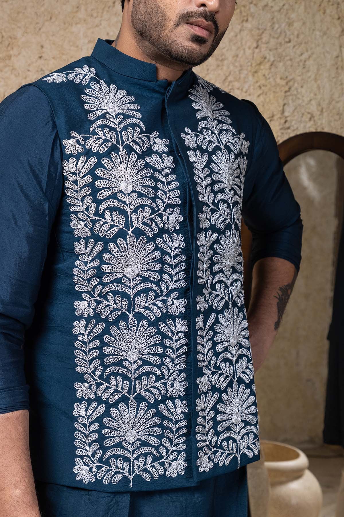 Navy Blue Zari Embroidered Bundi