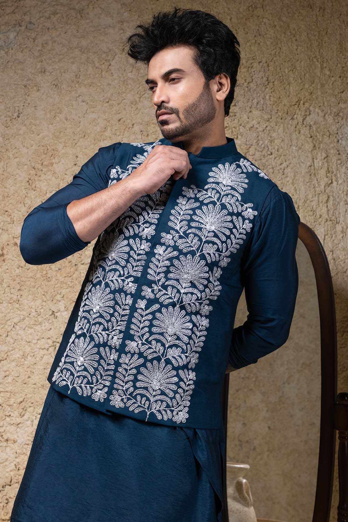 Navy Blue Zari Embroidered Bundi