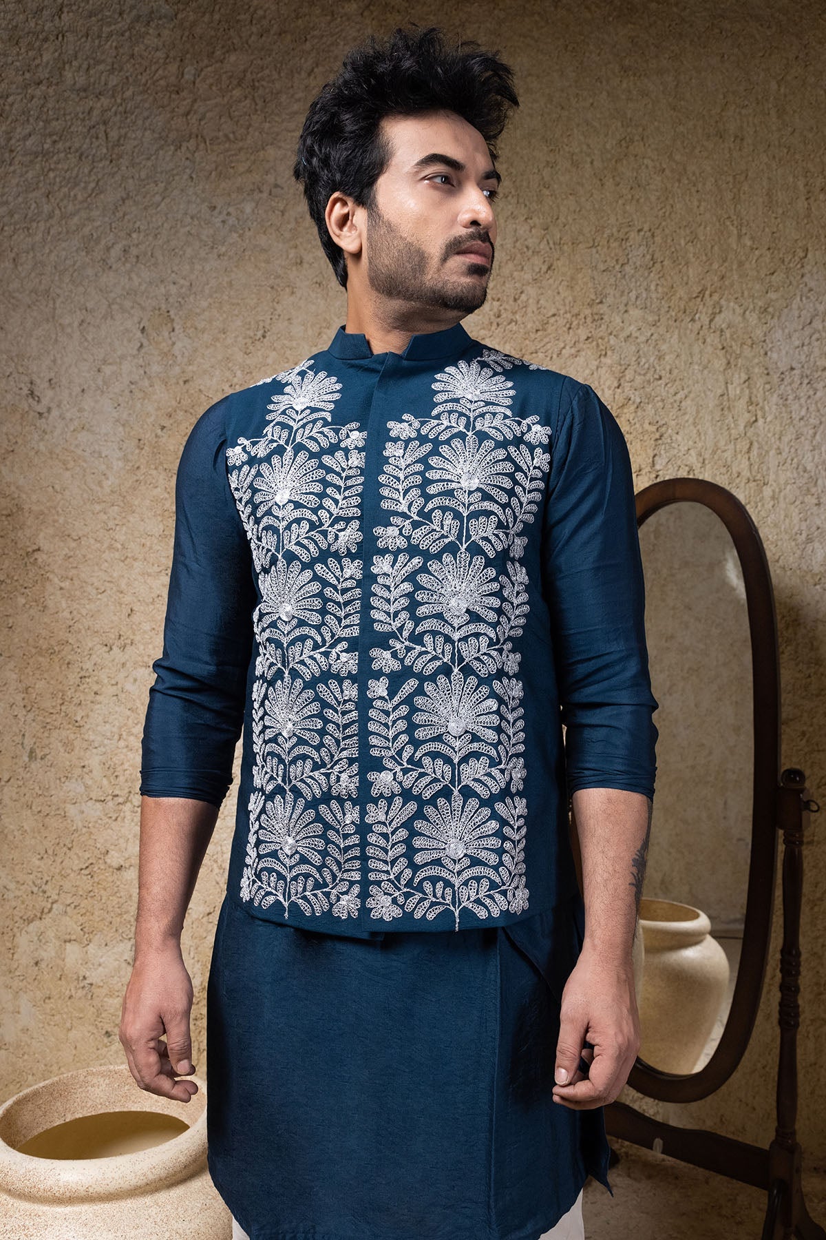 Buy Navy Blue Zari Embroidered Bundi by Priyanka Haralalka for men online at ScrollnShops
