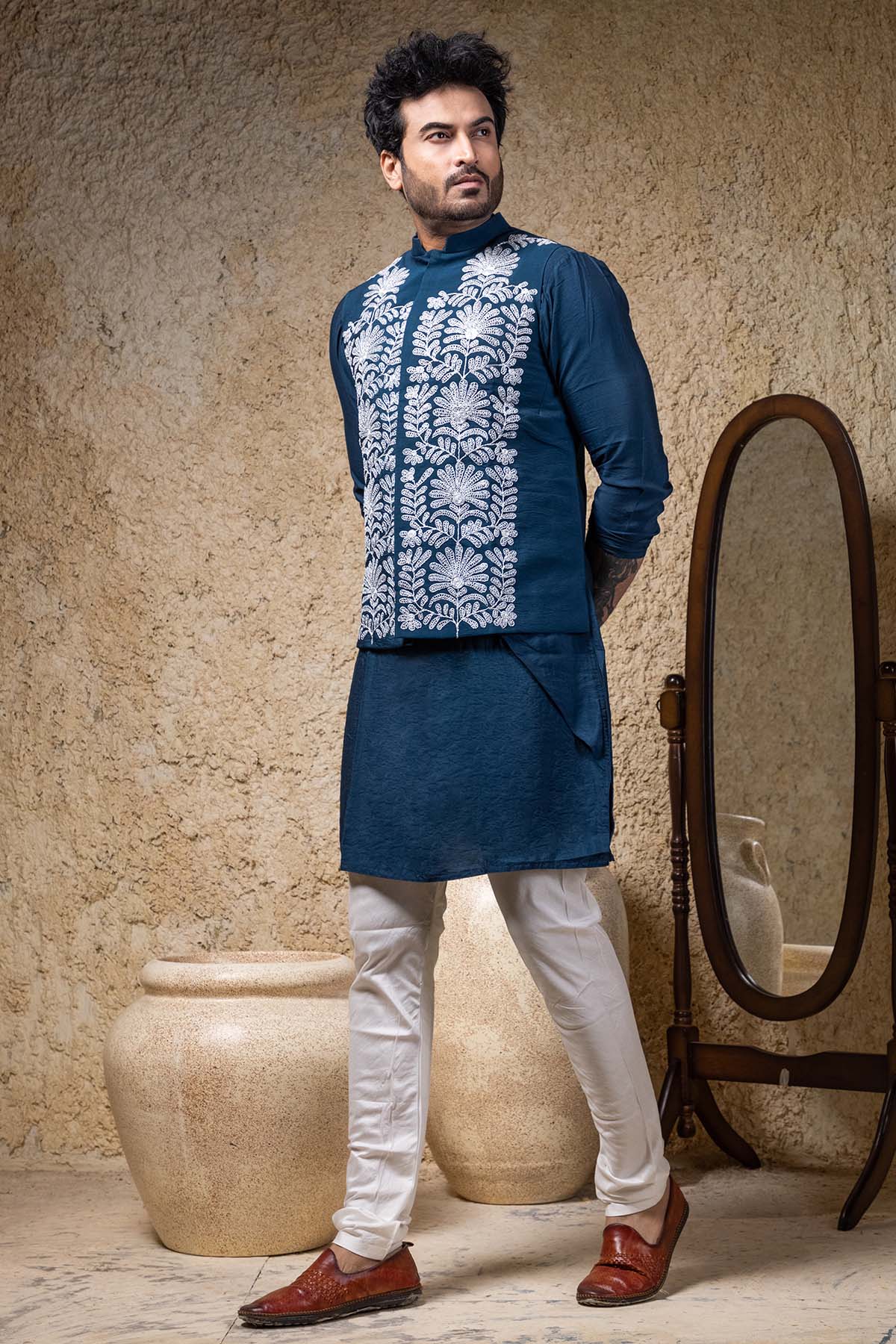 Navy Blue Zari Embroidered Bundi