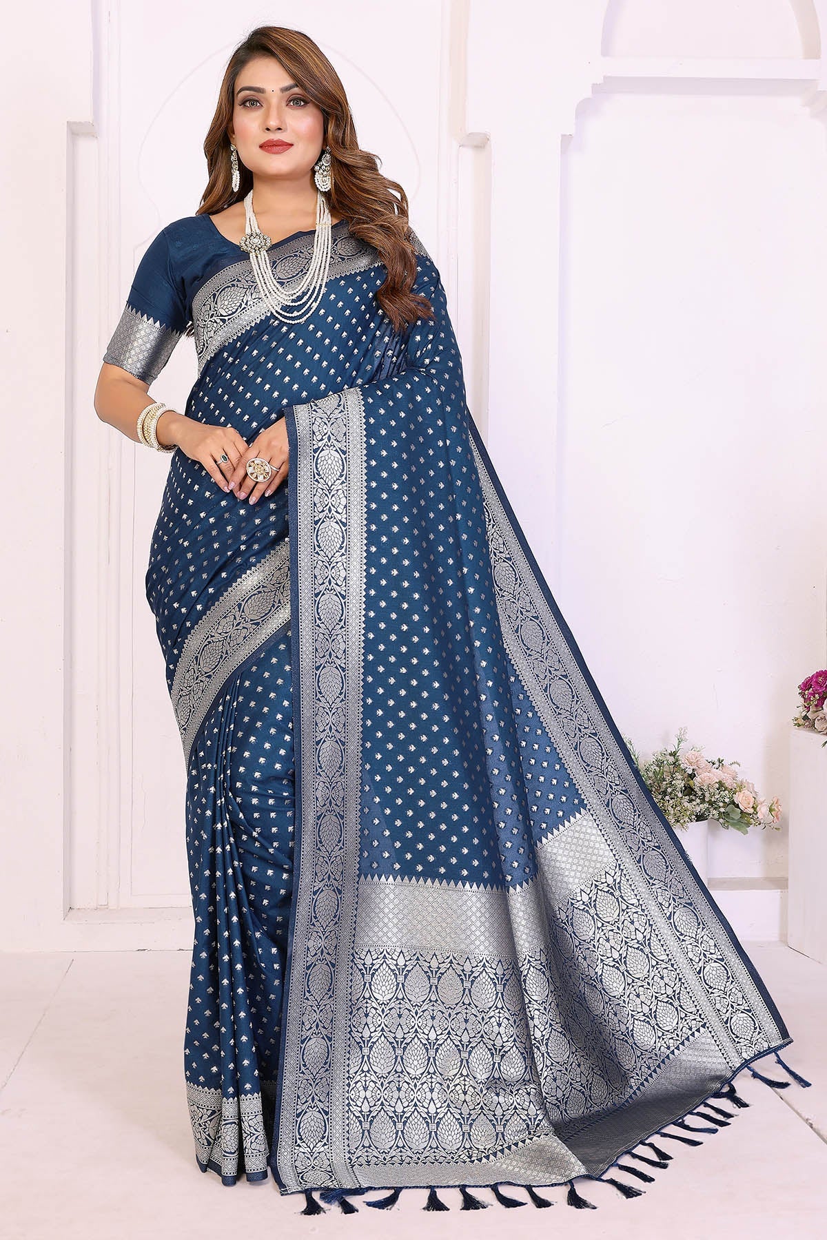 Buy Navy Blue Zari Weaving Saree for women by Aastha Fashion online available at scrollnshops