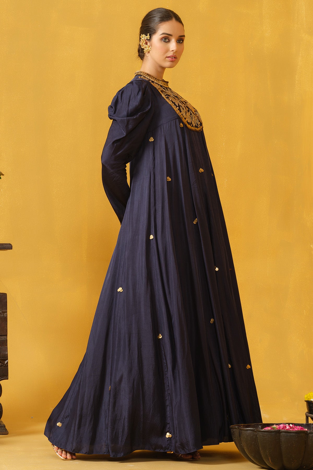 Navy Blue embroidery Leaf Dress