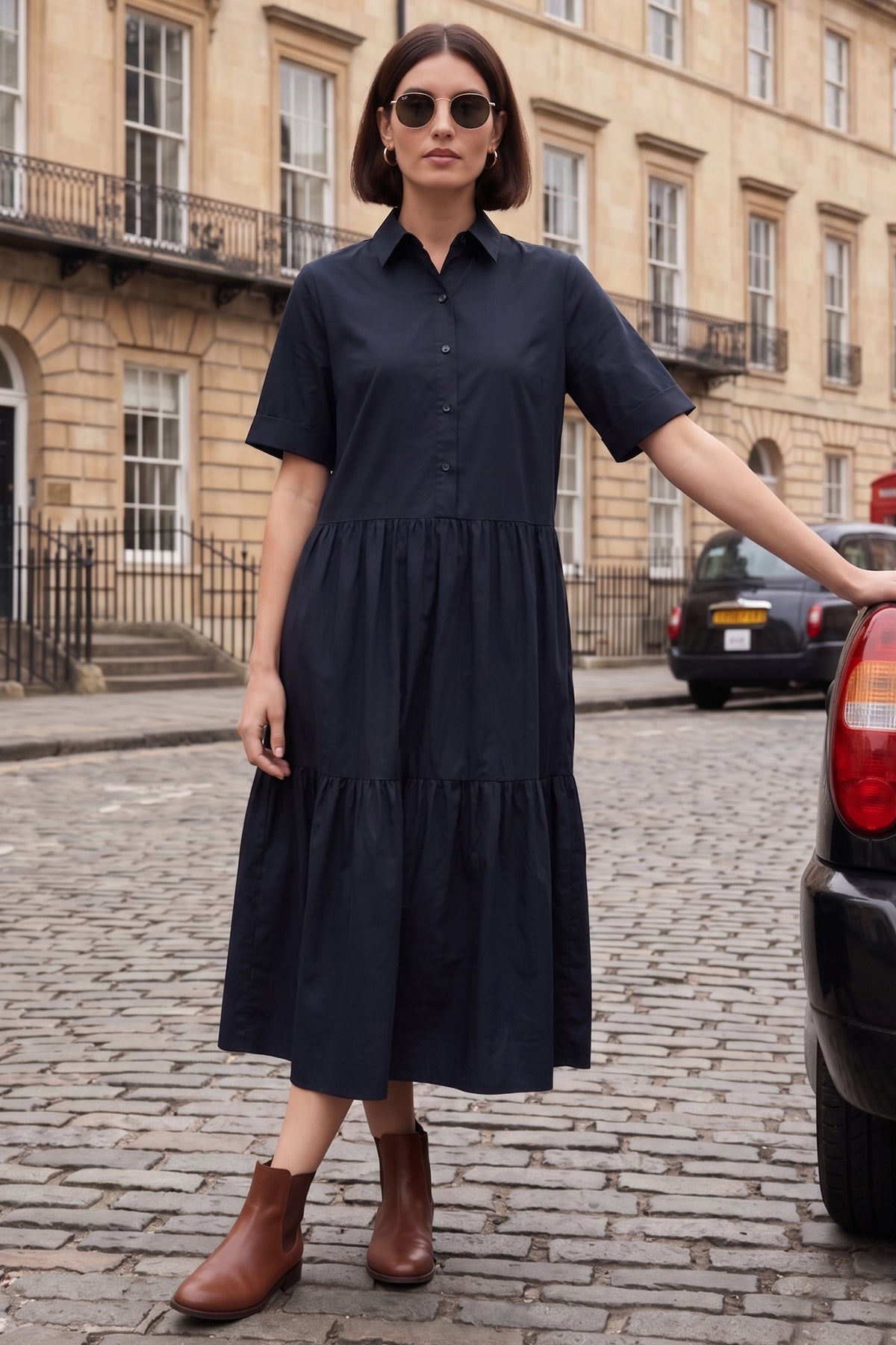 Buy Navy Button Tiered Midi Dress for women by Sneha B online available at scrollnshops