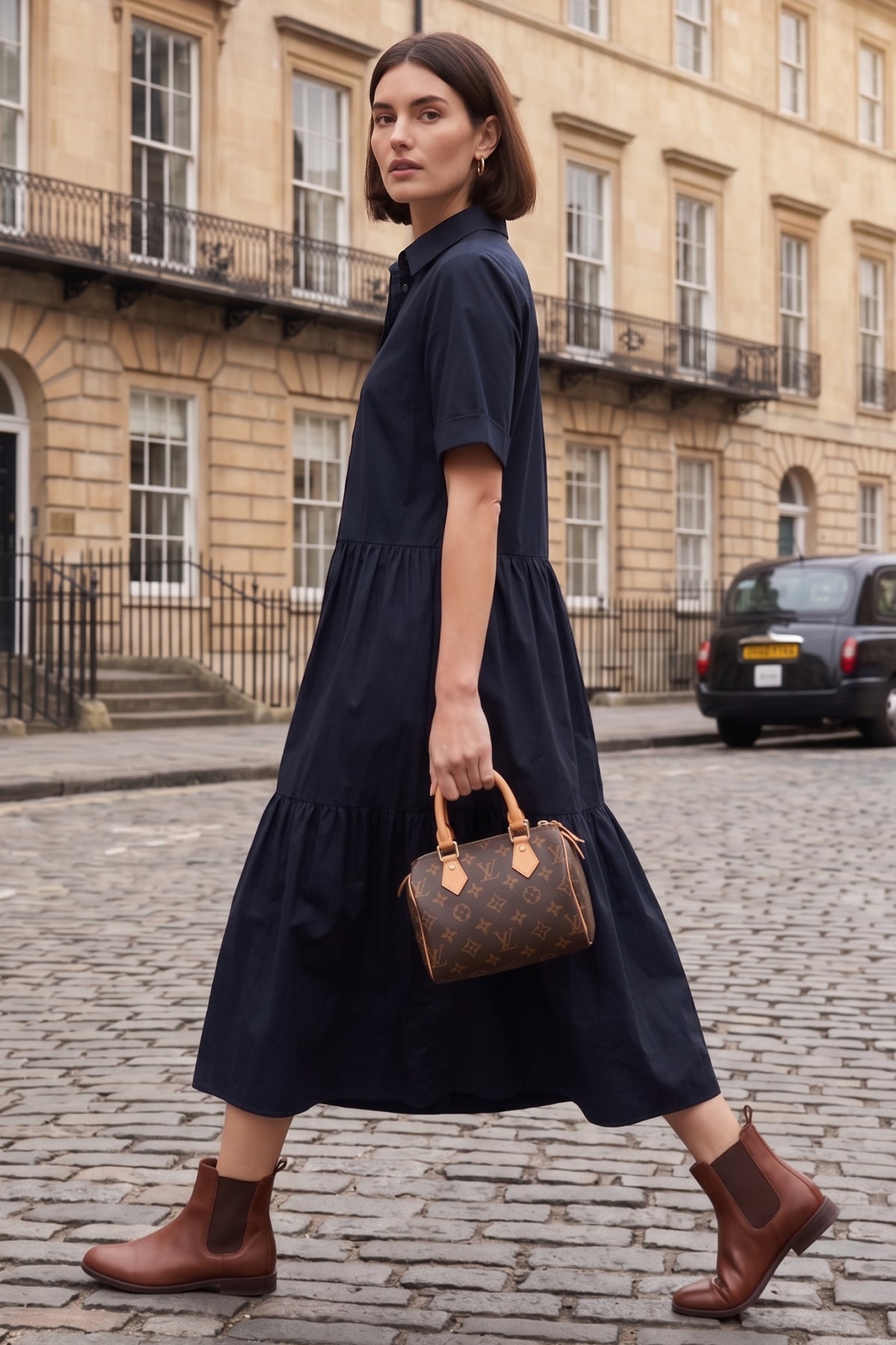 Navy Button Tiered Midi Dress
