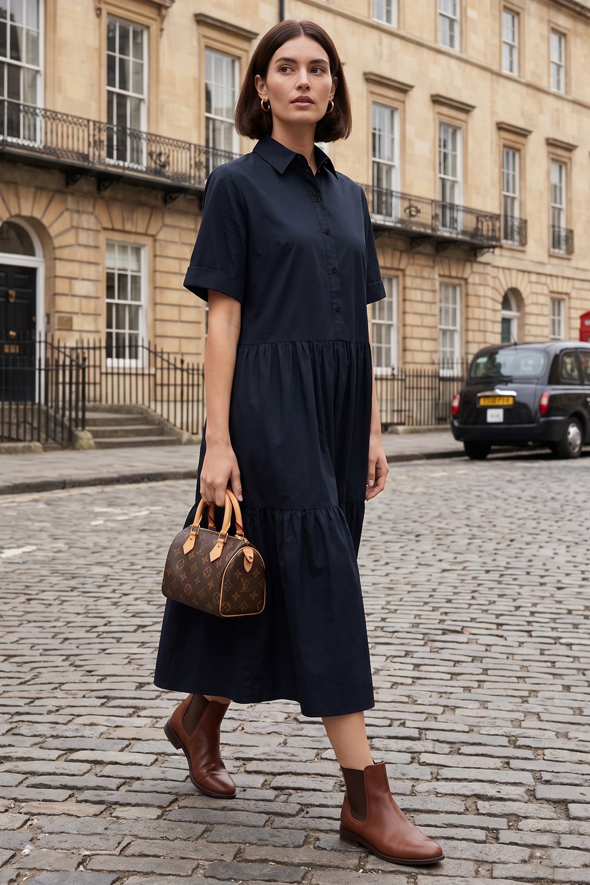 Navy Button Tiered Midi Dress