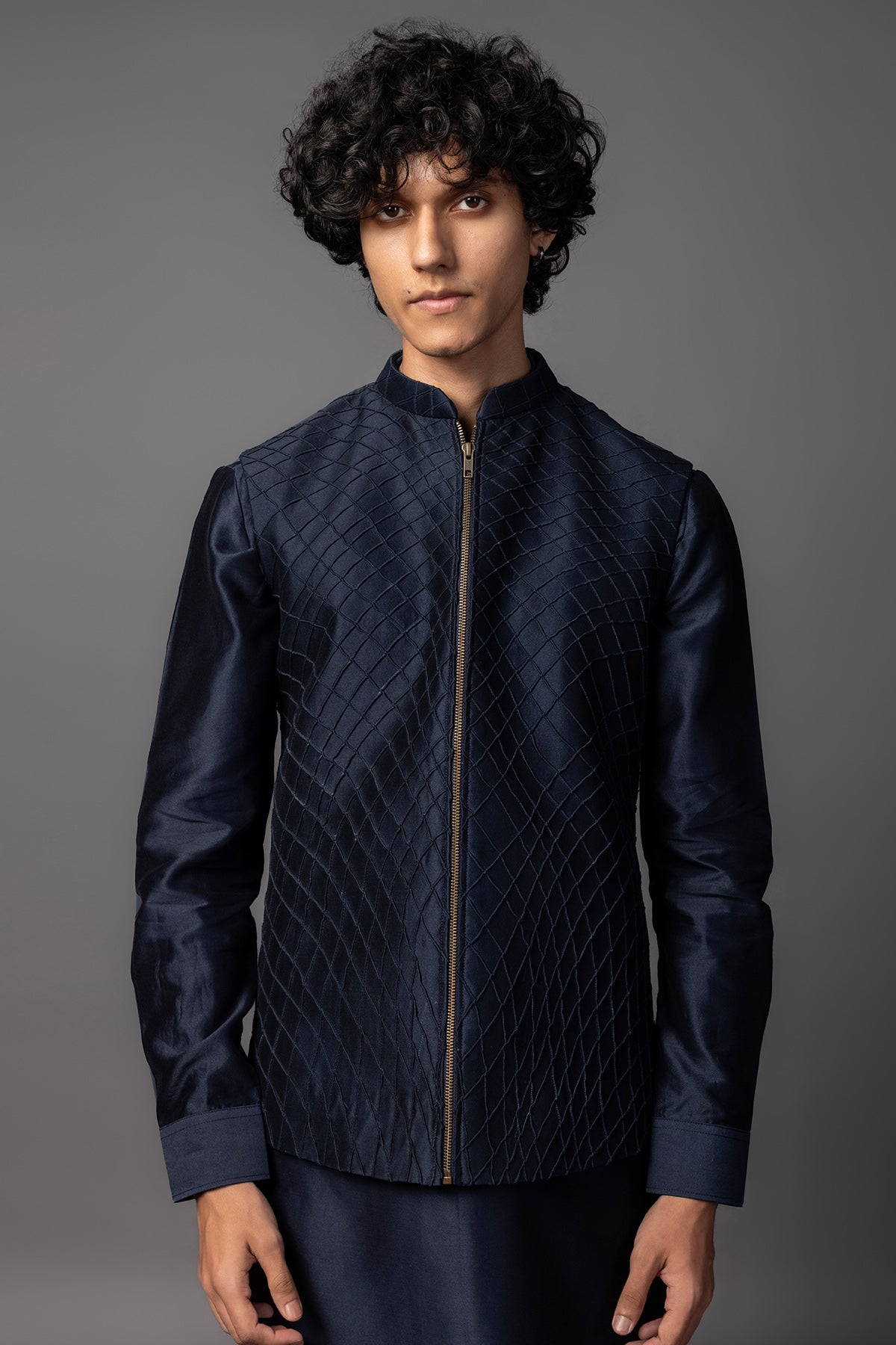 Navy Chanderi Pintuck Kurta Set