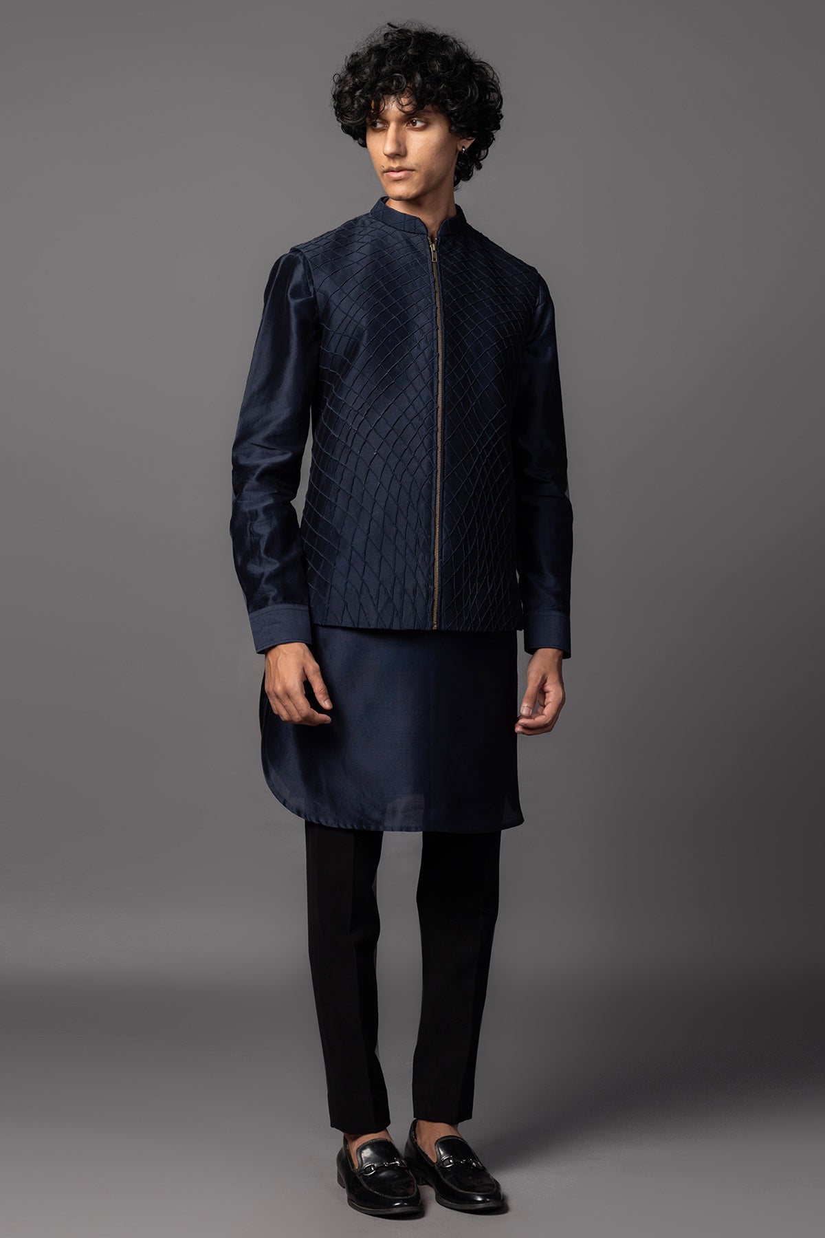 Buy Navy Chanderi Pintuck Kurta Set for men by Paarsh Atelier online available at scrollnshops