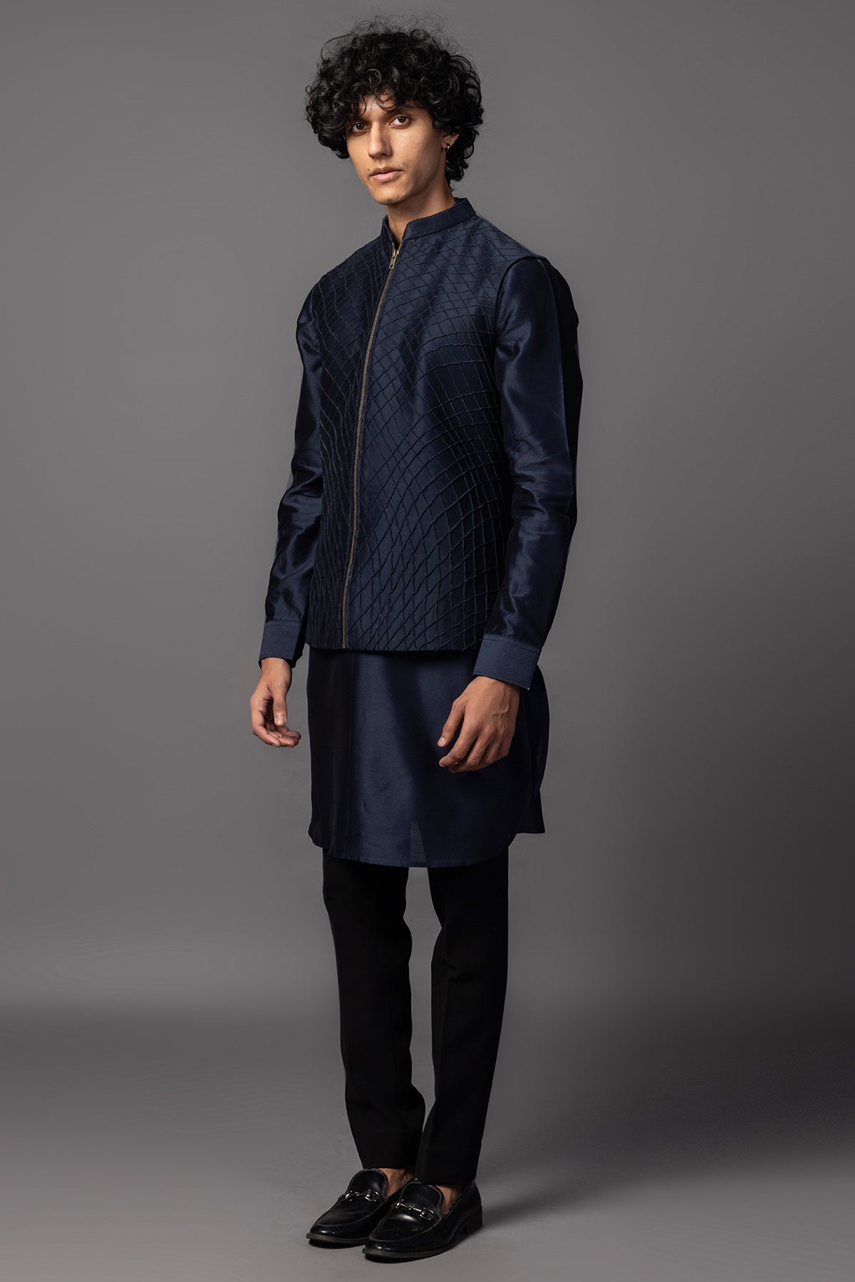 Navy Chanderi Pintuck Kurta Set