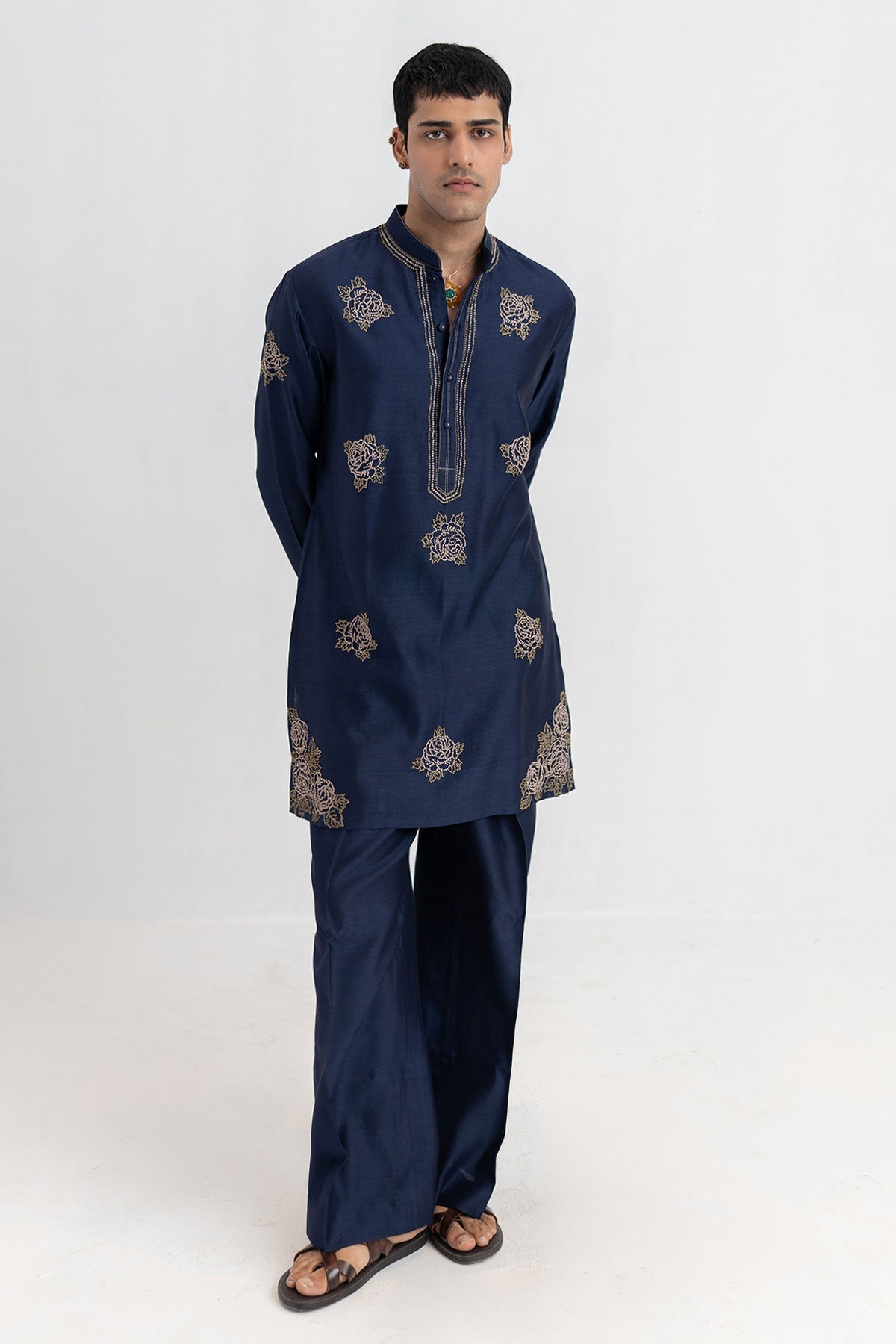 Buy Navy Chanderi Short Kurta Pants for men by Ajiesh Oberoi online available at scrollnshops