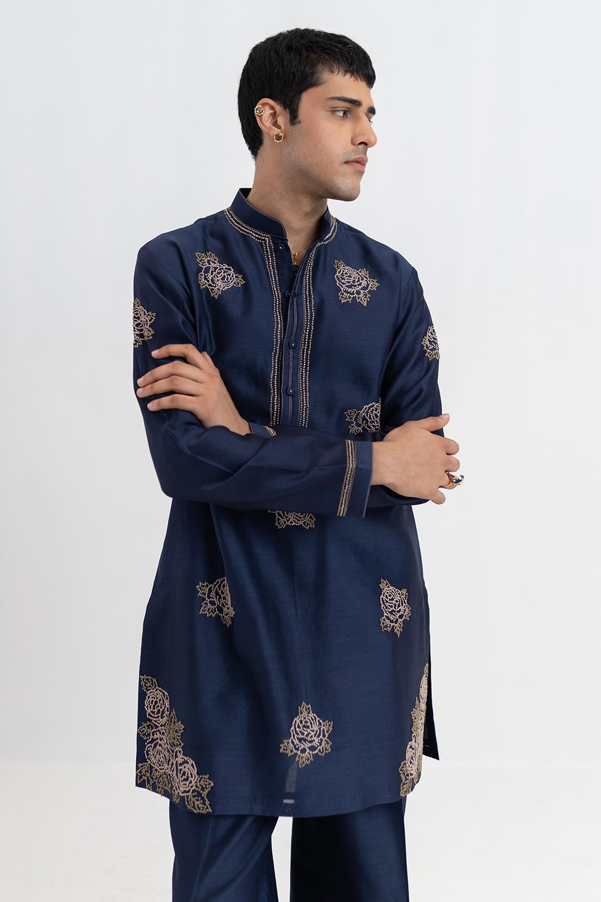 Navy Chanderi Short Kurta Pants