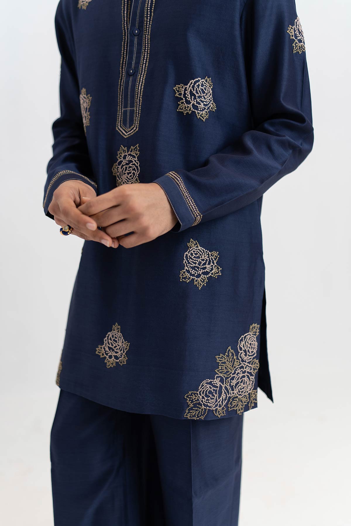 Navy Chanderi Short Kurta Pants