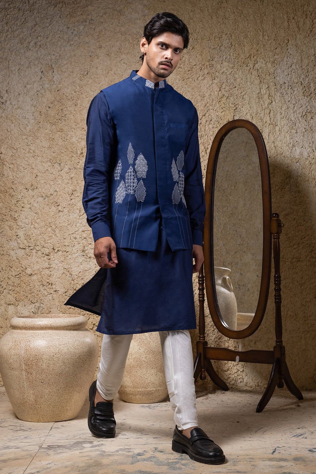 Navy Cord Embroidered Bundi Set