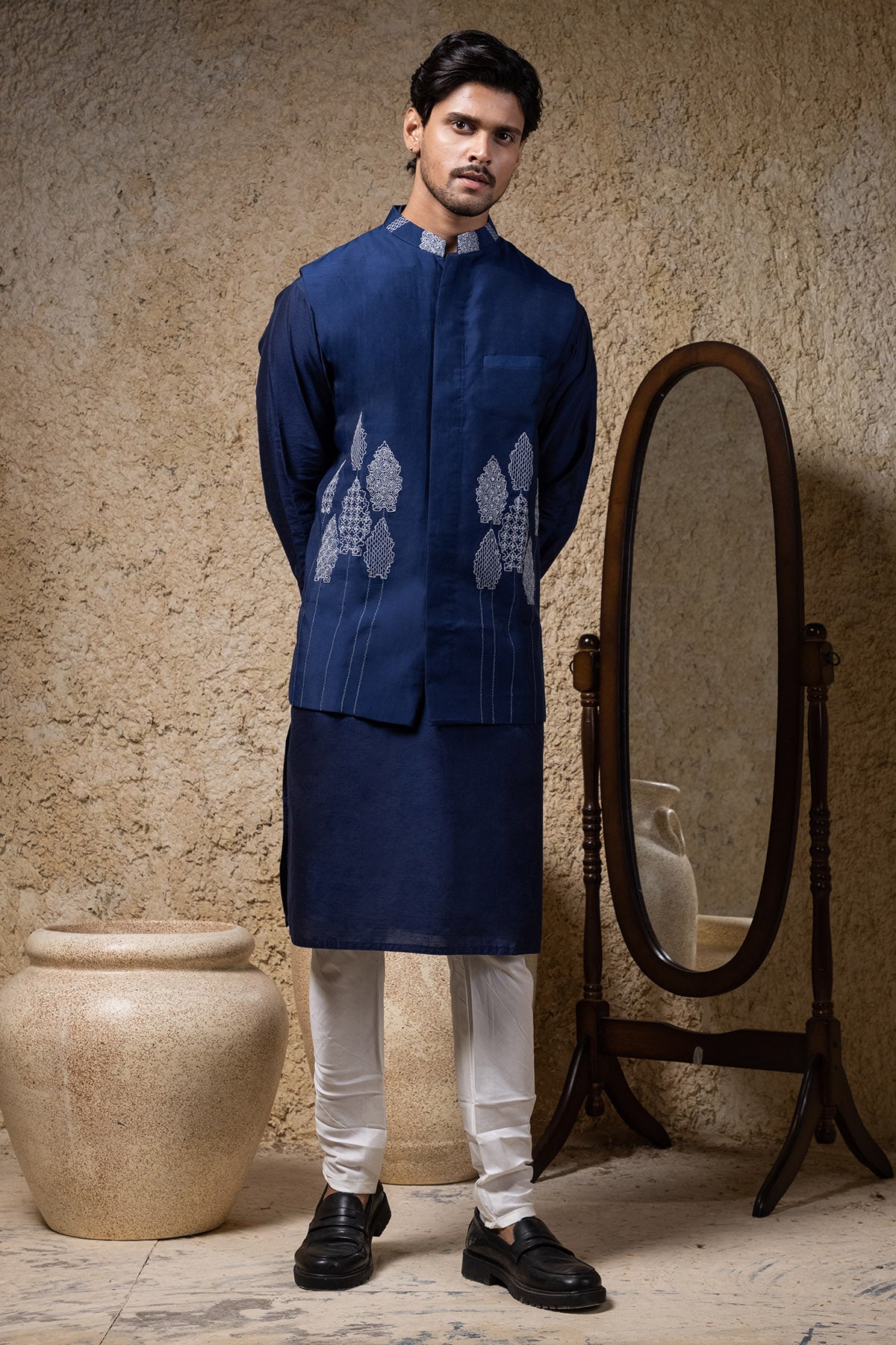 Buy Navy Cord Embroidered Bundi Set by Priyanka Haralalka for men online at ScrollnShops