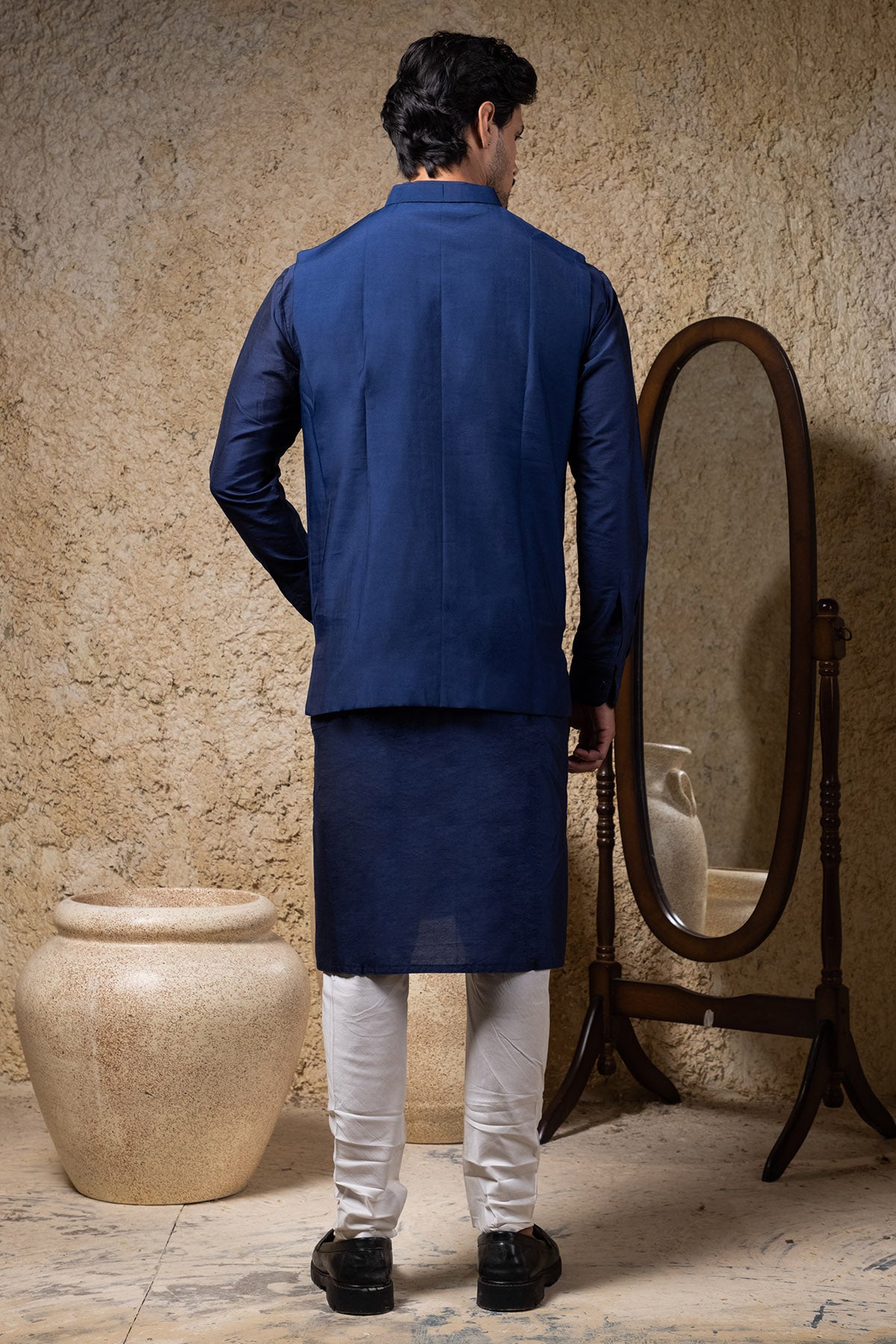 Navy Cord Embroidered Bundi Set