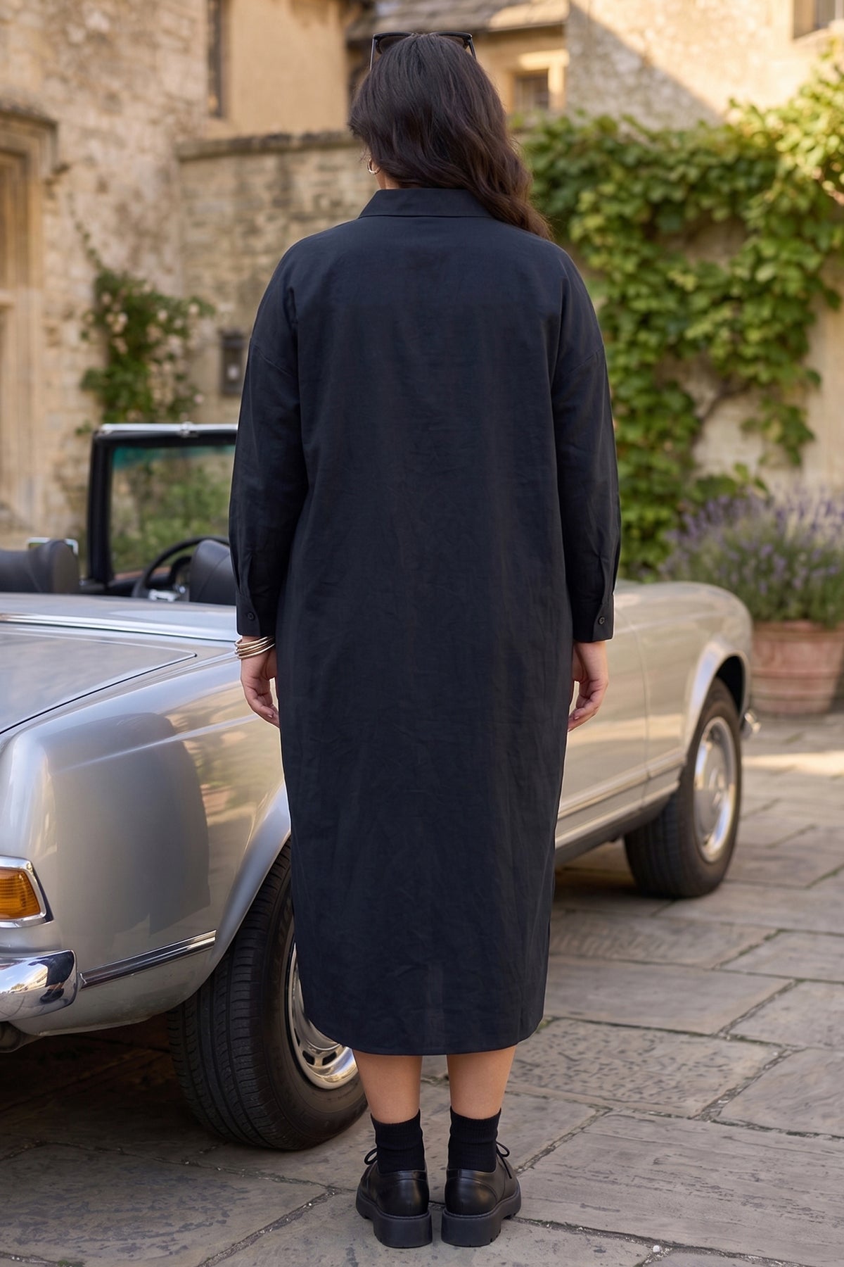 Navy Cotton Cambric Midi Dress