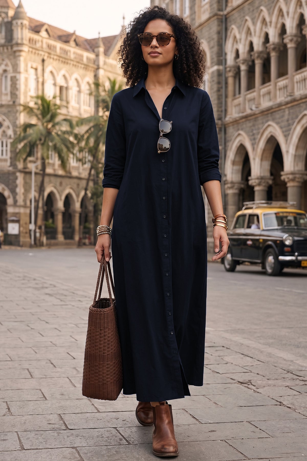 Navy Cotton Maxi Shirt Dress