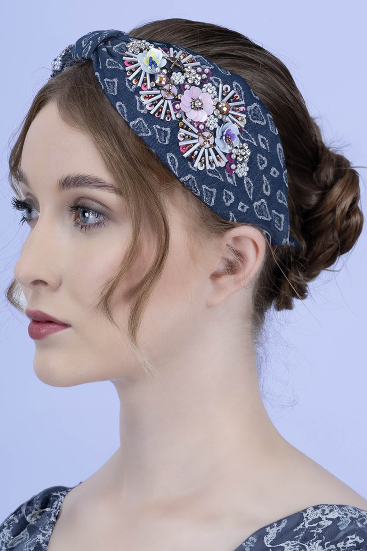 Navy Denim Embroidered Headband
