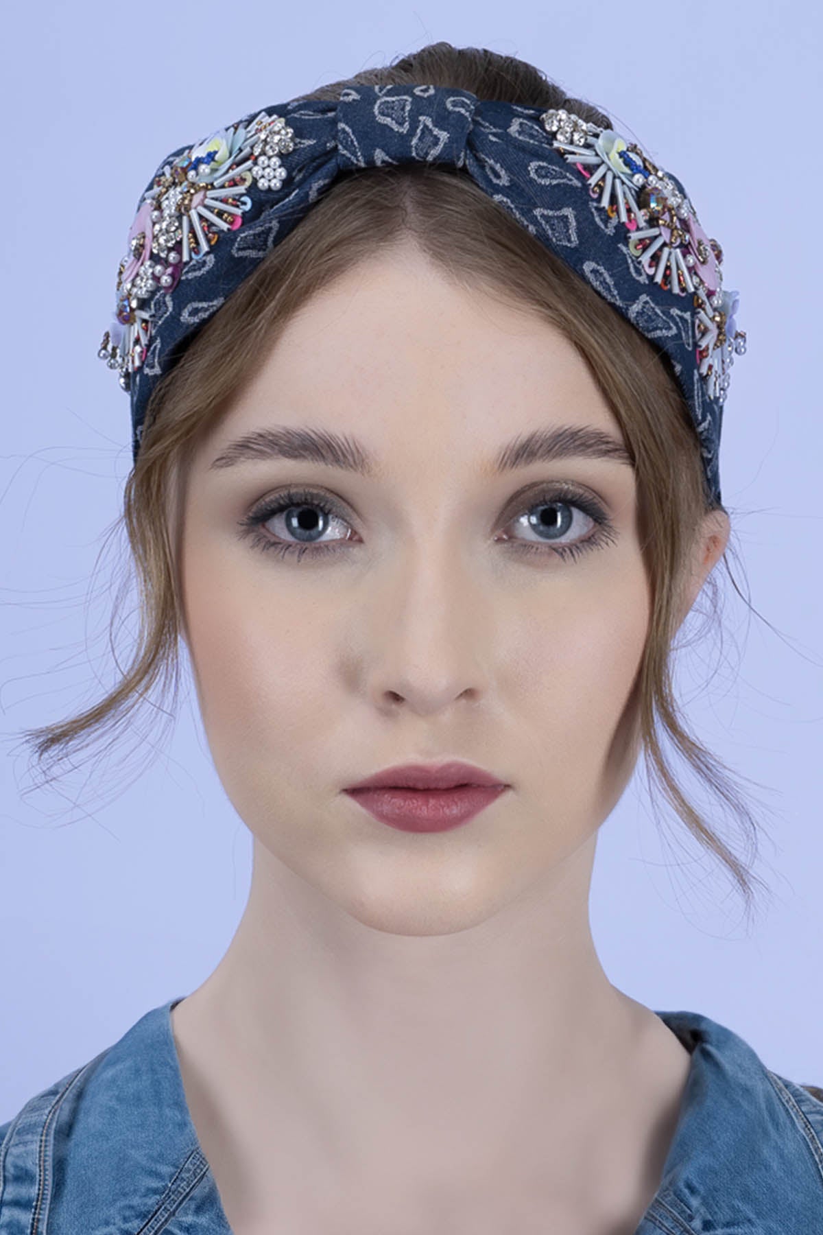 Navy Denim Embroidered Headband