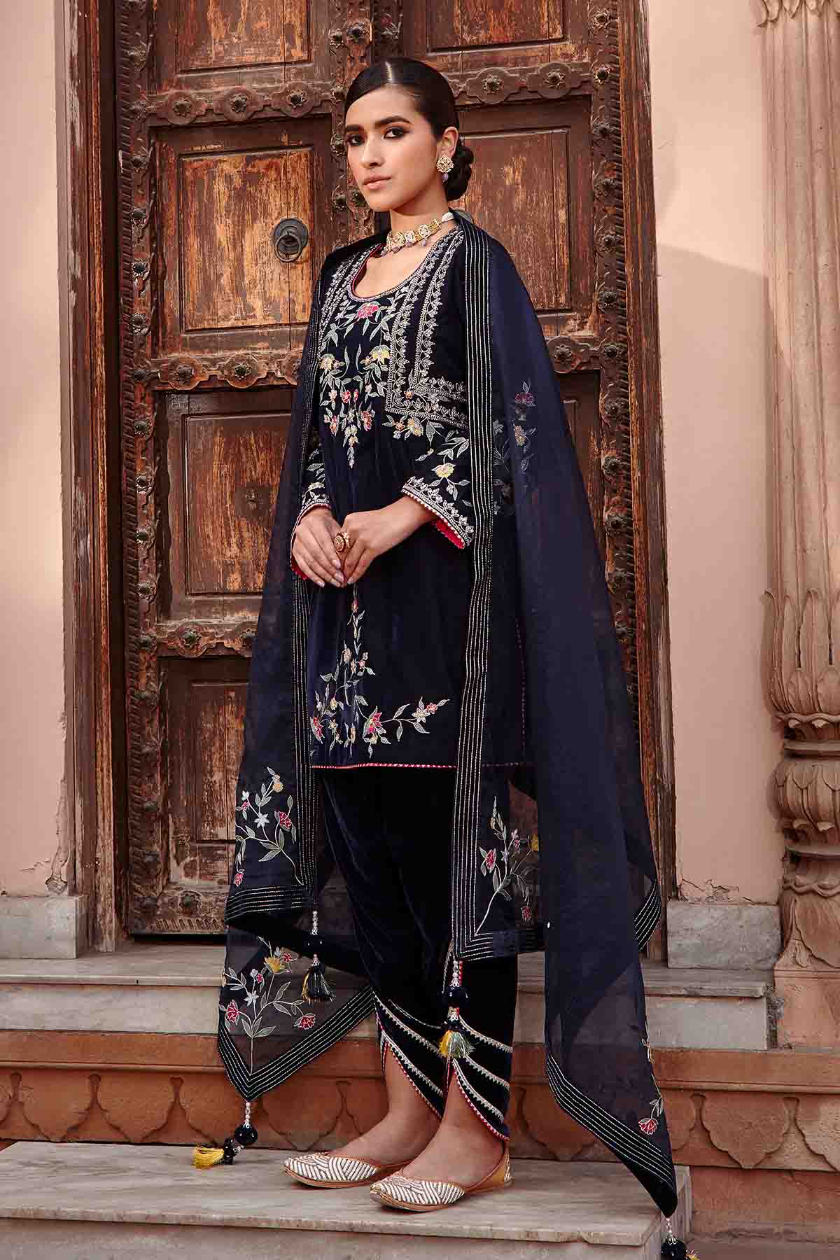 Navy Embellished Gota Dhoti Set