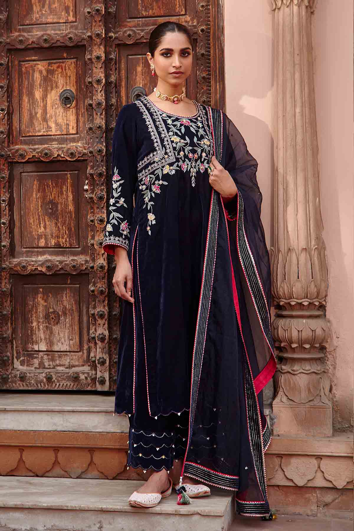 Navy Embellished Long Kurta Set