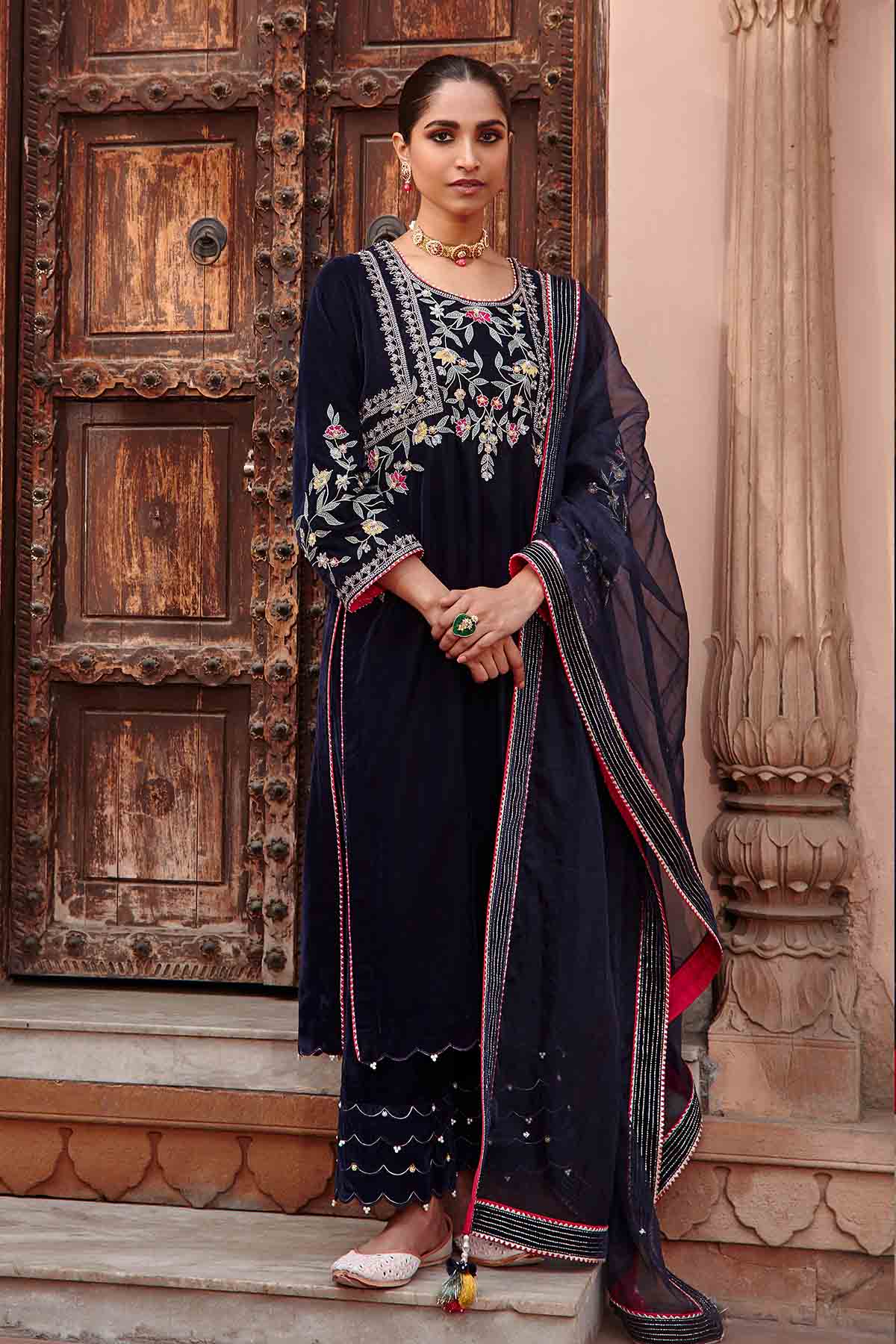 Buy Navy Embellished Long Kurta Set by Ajiesh Oberoi for women online at ScrollnShops