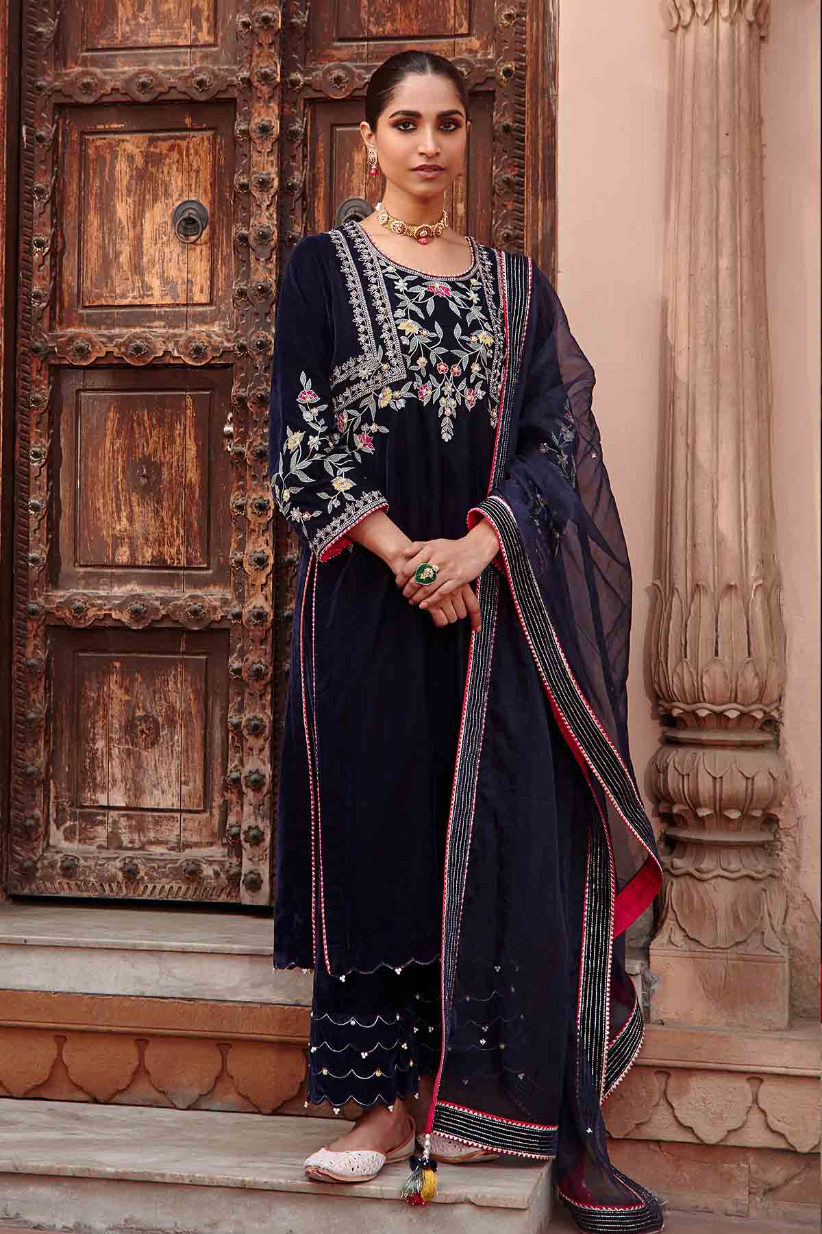 Buy Navy Embellished Long Kurta Set Online