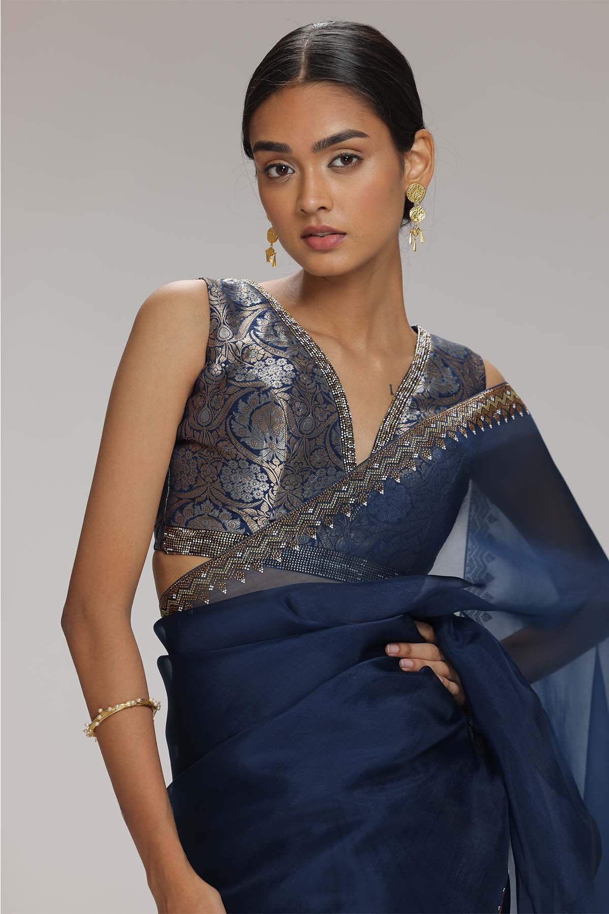 Navy Embellished Saree & Blouse