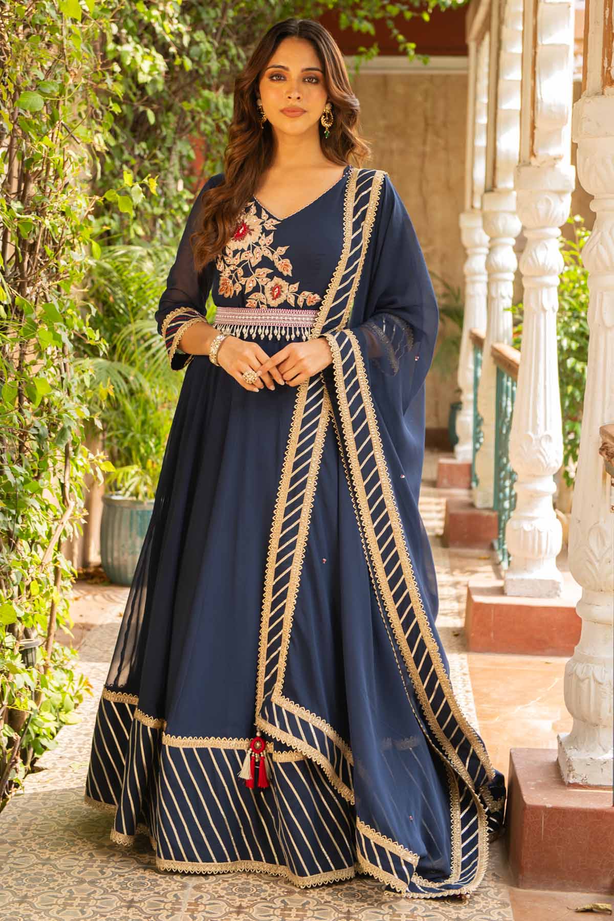 Navy Embroidered Anarkali Set